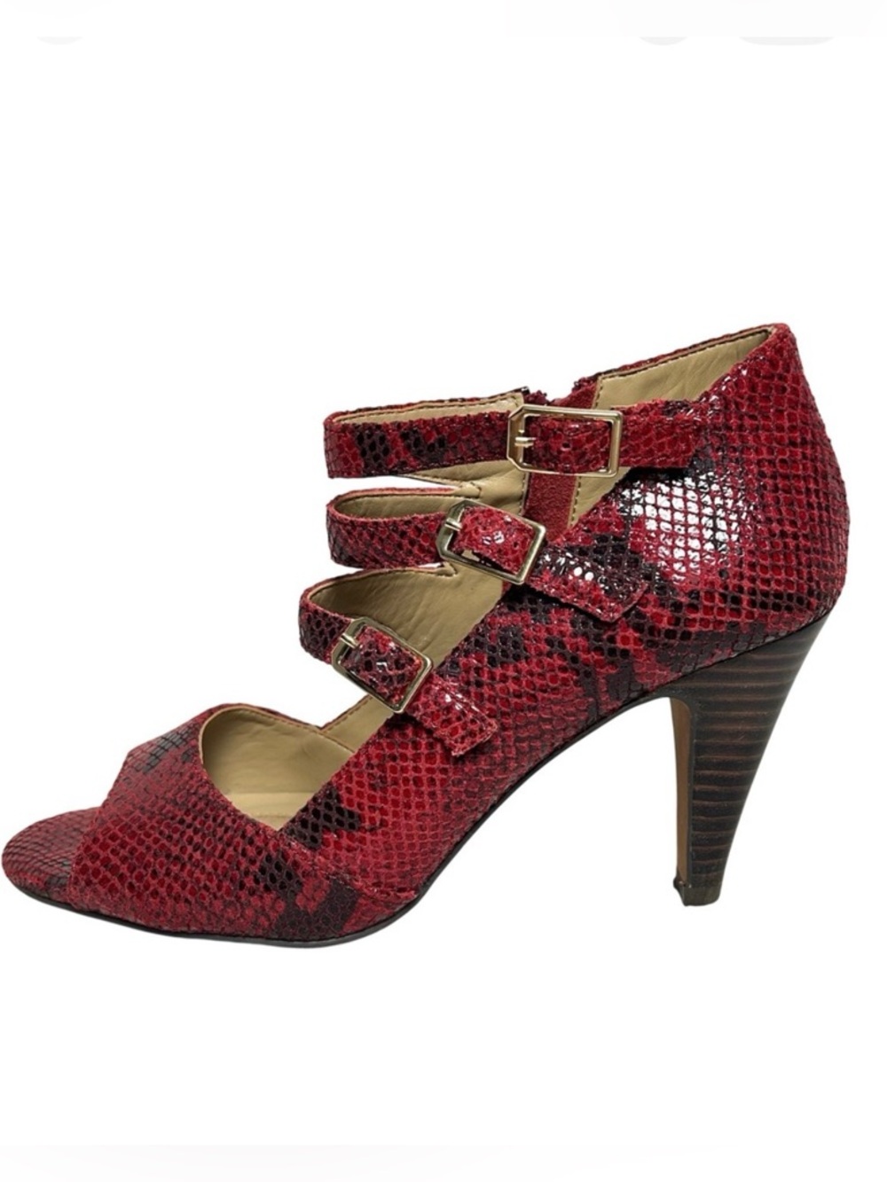 ISOLA Red Leather Snakeskin Peep Toe Heels Strappy Buckle Detail‎ Size 9M